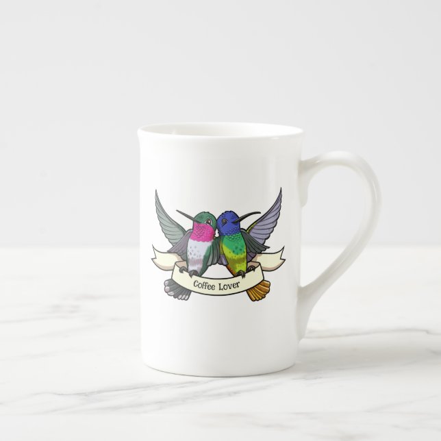 Kaffe Älskare Cute Hummingbird Holding Ribbon Benporslin Mugg (Höger)
