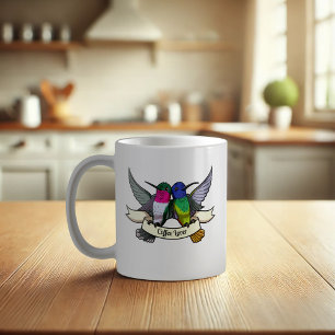 Kaffe Älskare Tattoo Stil Hummingbird & Ribbon Kaffemugg