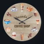 Kaffe Älskare Watercolor Business Coffee Shop Stor Klocka<br><div class="desc">Den här designen kan vara personlig om du väljer Redigera design. Du kan också överföra till andra objekt. 
Kontakta mig på colorflowcreations@gmail.com eller använda om du vill ha chattan på en annan produkt eller behöver hjälp. 

Se mer av mina design eller följ mig på www.facebook.com/colorflowcreations,  www.instagram.com/colorflowcreations,  www.twitter.com/colorflowart och www.pinterest.com/colorflowcreations.</div>