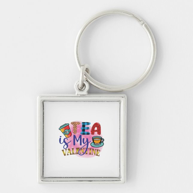 Kaffe Art Tea är min Valentine Fyrkantig Silverfärgad Nyckelring (Framsidan)