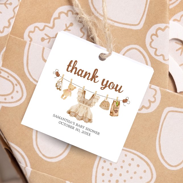 Kaffe, babykläder, fyrkant gåvor etiketter (Coffee Little Bean Clothesline Baby Shower Square Favor Tags)