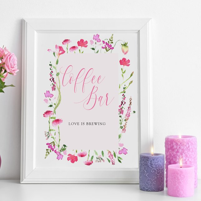 Kaffe Bar Rosa Vildblomma Bröllopsdusch Skylt (Coffee Bar sign from my Pink Wildflower Collection. Message if you need me to create additional item)