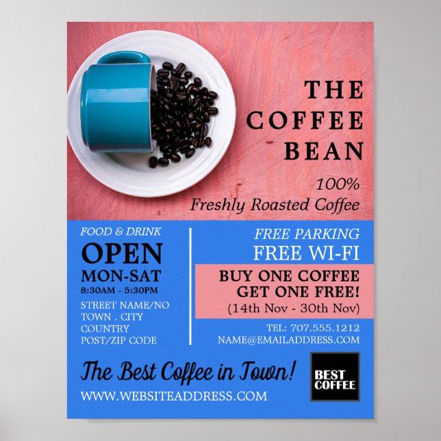 Kaffe Bean Mugg, Barista, Café, Coffehouse Advert Poster (Framsidan)