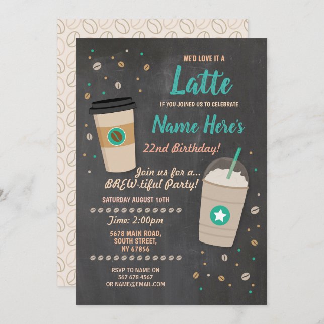 Kaffe Birthday latte Cafe Shop Chalk Firande Inbjudningar (Fram/baksida)