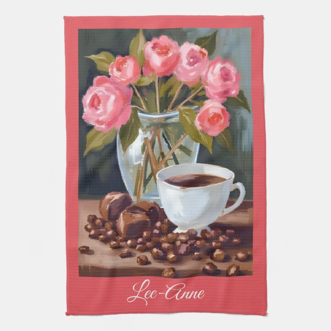 Kaffe & Blommor Akvarell – Mysig Dekoration Kökshandduk (Vertikal)