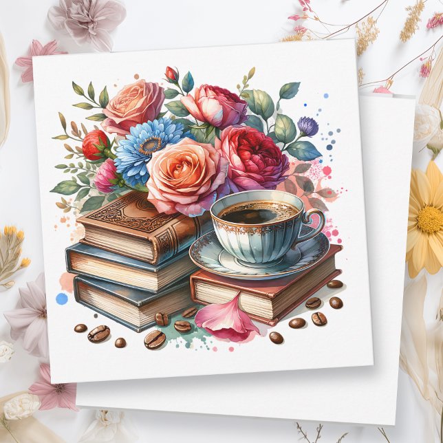 Kaffe, Bokar och blommor | Att tänka på dig Kort (Skapare uppladdad)