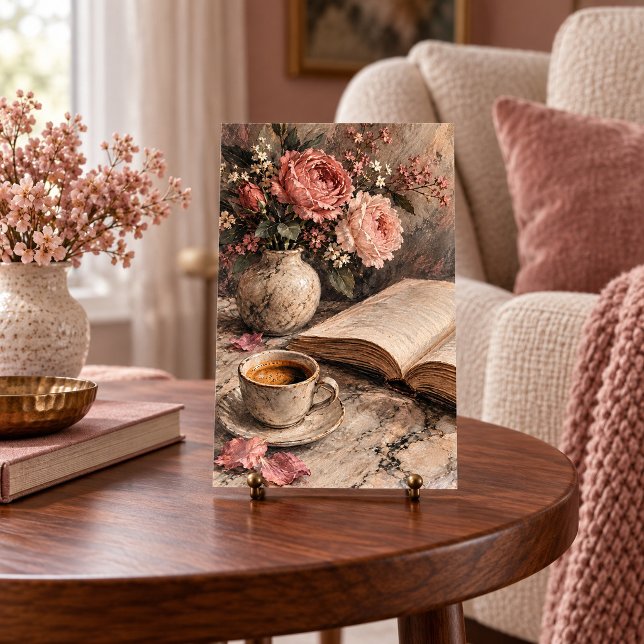 Kaffe Bord Blommor Konsttryck Poster (4 x 6 inch unframed semi-gloss print. All paint textures are flat printed. Scene props not included.)