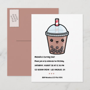 Kaffe Brun Kawaii Bubble Tea Födelsedagsfest Vykort