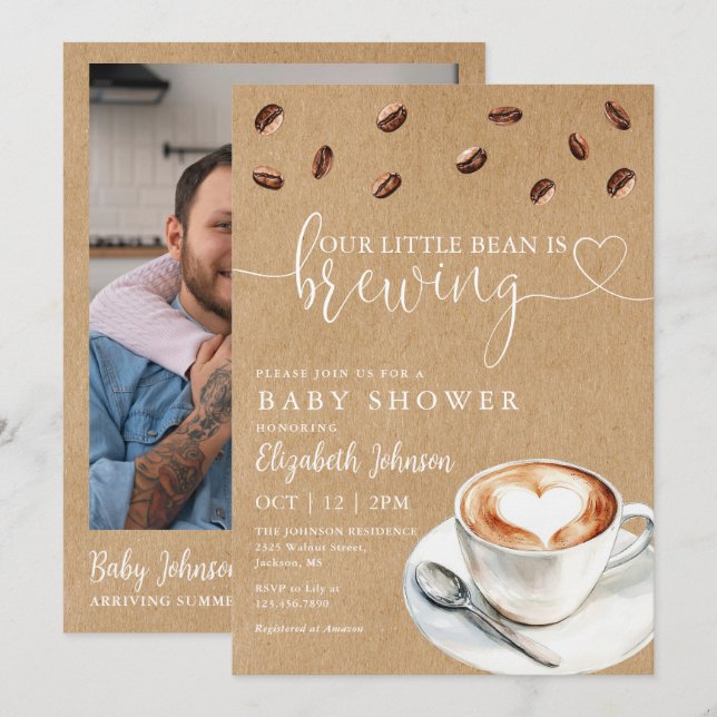 Kaffe Bryggning Bebis Shower Foto QR-kod Inbjudningar (Fram/baksida)
