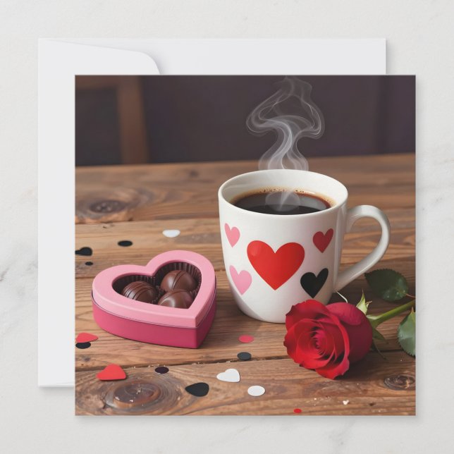 Kaffe, choklad, röda rosor Alla hjärtans dag Julkort (Framsida)