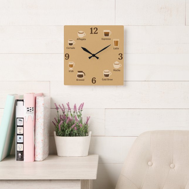Kaffe Clock Ansikte med Brew-ikoner Fyrkantig Klocka (Läsesal)