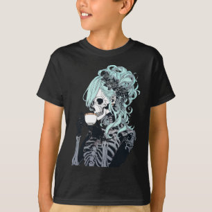 Kaffe Drickande Skelett Rott Hårknut Halloween Kos T Shirt