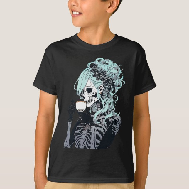 Kaffe Drickande Skelett Rott Hårknut Halloween Kos T Shirt (Framsida)