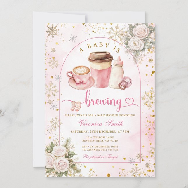 Kaffe En Bebis Bryggs Rosa Båge Bebis Shower Guld Inbjudningar (Framsida)
