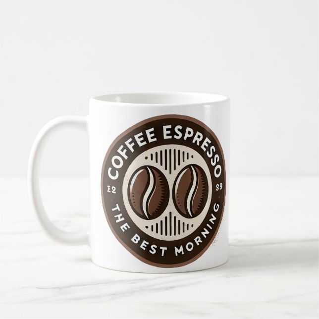 Kaffe Espresso Etikett Med Morgoninspirerad Design Kaffemugg (Vänster)