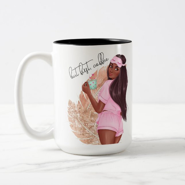 Kaffe Falskt Glitter Tjej Hår Brun Rosa   Två-Tonad Mugg (Vänster)