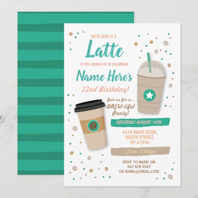 Kaffe födelsedag Latte Cafe Shop Beans Firande Inbjudningar (Fram/baksida)