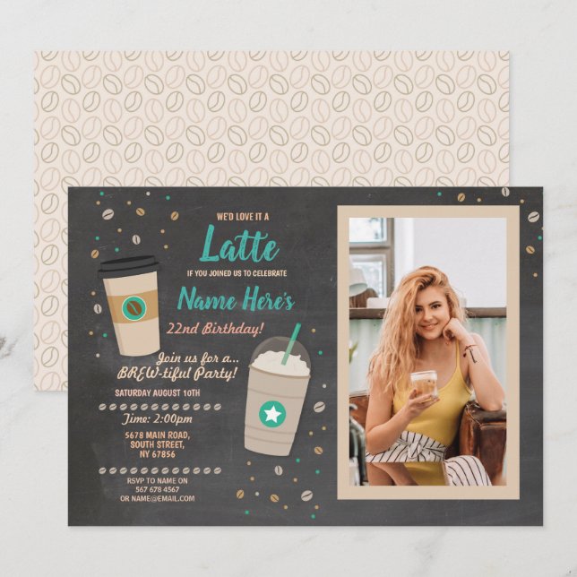Kaffe födelsedag Latte Cafe Shop Chalk Photo Chalk Inbjudningar (Fram/baksida)