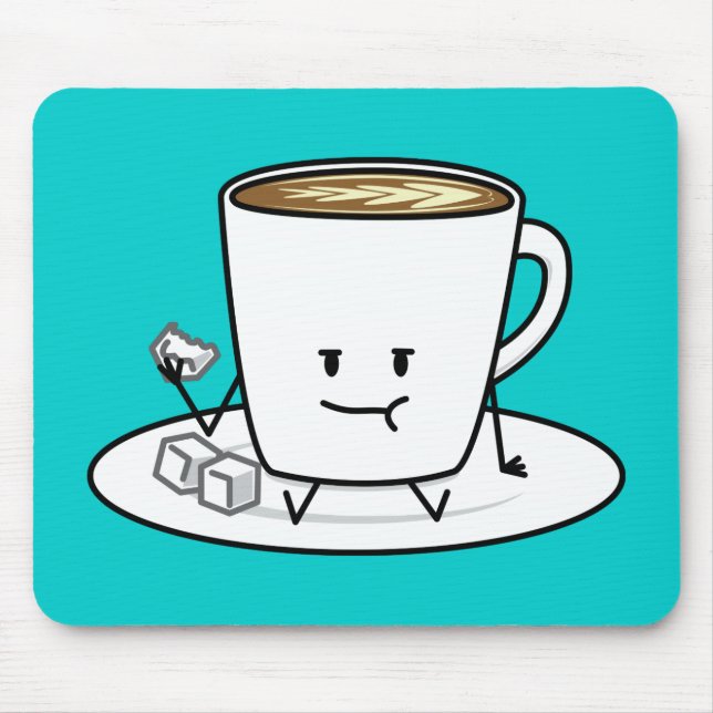 Kaffe för kaffemugglatte som äter sockerkuber, musmatta (Framsidan)