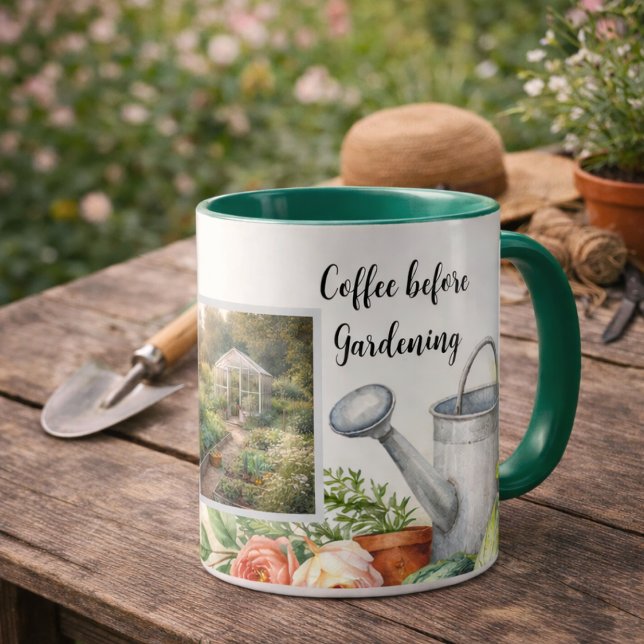 Kaffe före trädgårdsarbete foto personlig trädgård mugg (Create your own "Coffee before gardening" photo personal garden mug. You can add your own photos.)