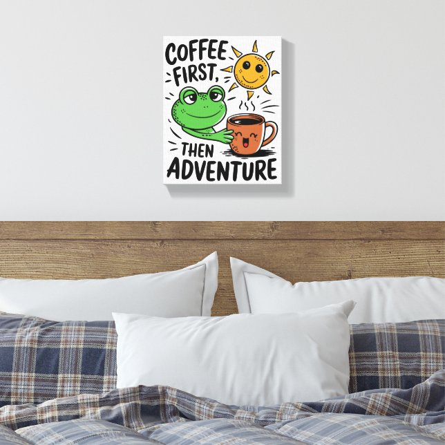 Kaffe först, sedan Äventyr - Cute Frog God morgon Canvastryck (Insitu (sovrum))