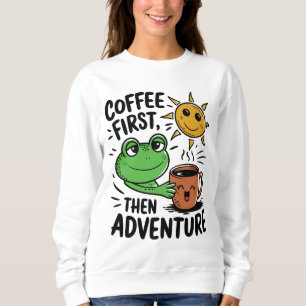 Kaffe först, sedan Äventyr - Cute Frog God morgon T Shirt