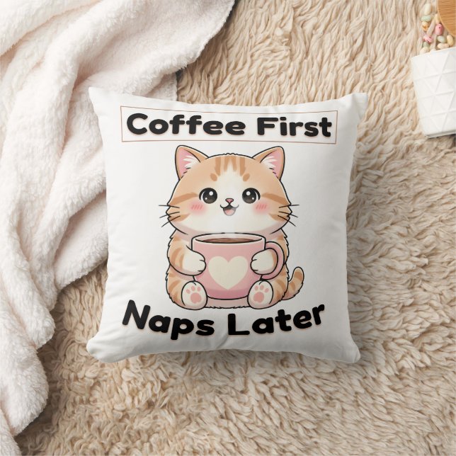 Kaffe först tupplur senare söt katt | Kawaii kaffe Kudde (Filt)