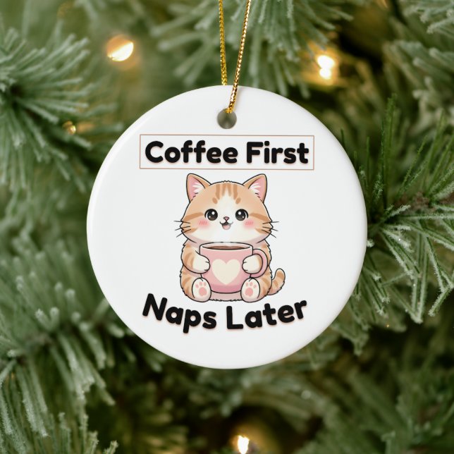 Kaffe först tupplurar senare söt katt | Kawaii kaf Julgransprydnad Keramik (Träd)