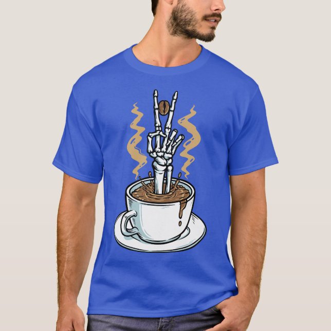 Kaffe ger mig fred, en fin kaffe Skeleton Hand T Shirt (Framsida)