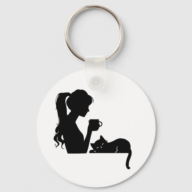 Kaffe Girl & Cat Silhouette Keychain Nyckelring (Framsida)