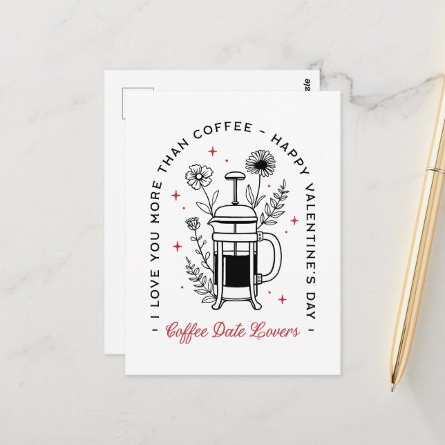 Kaffe glad Alla hjärtans dag rolig blommigt Vykort (Fram/Back In Situ)