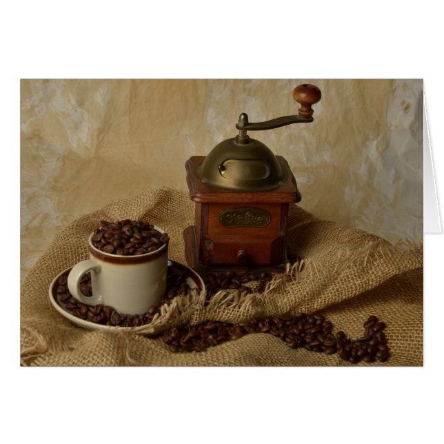 Kaffe Grinder och Kopp OBS Kort (Framsidan Horizontal)