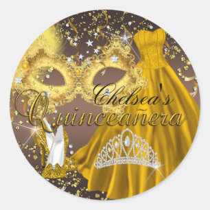 Kaffe & Guld Maskerad Quinceanera Klistermärke