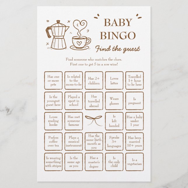 Kaffe - hitta gästen Baby Bingo-spelet (Framsida)