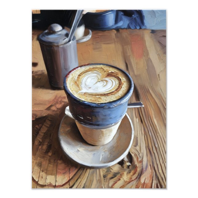 Kaffe i blå Kopp på trä Bord Fototryck (Framsidan)