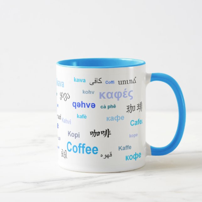 Kaffe i olika språk (blått) mugg (Höger)