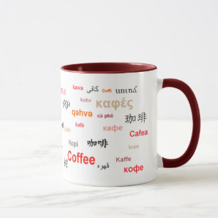 Kaffe i (röda) olika språk, mugg