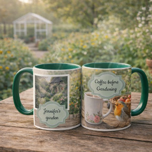 Kaffe innan trädgårds robin morgon trädgård foto mugg