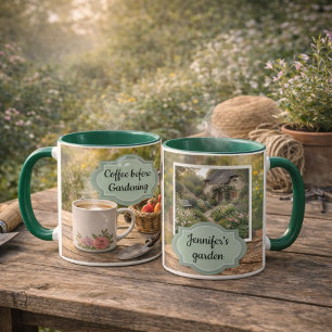 Kaffe innan trädgårdsarbete morgon trädgårdsfoto mugg