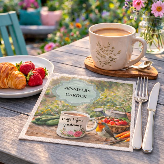 Kaffe innan trädgårdsarbete robin trädgård personl pappersservett (Coffee before gardening robin garden personal napkins. You can add your own name. For garden lovers.)
