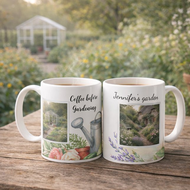 Kaffe innan trädgårdsfoto personlig trädgård kaffemugg (Create your own Coffee before gardening photo personal garden mug. You can add your own photos.)