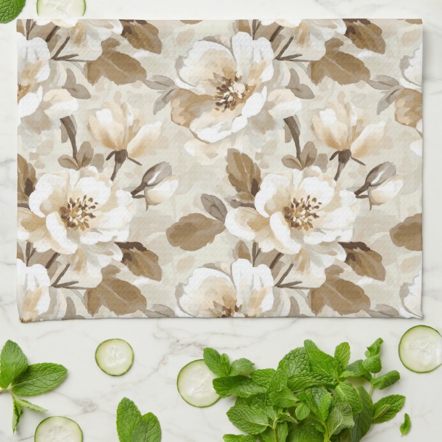 Kaffe Kakaokräm Blommig Kökshandduk (Vikta)