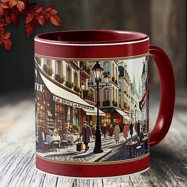 Kaffe Kärlek Fransk Retro Bakery Paris Kaffemugg (Mug featuring a French city scene in retro style with coffee shops and bakeries)