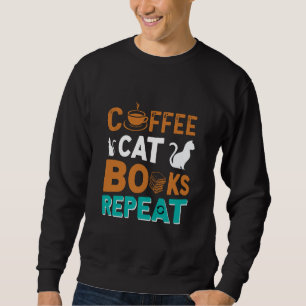 Kaffe Kat Bokar Upprepa, läsning och kaffe älskare Lång Ärmad Tröja