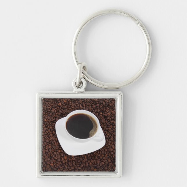 Kaffe Keychain Fyrkantig Silverfärgad Nyckelring (Framsidan)