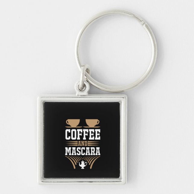 Kaffe konfekt och Mascara Fyrkantig Silverfärgad Nyckelring (Framsidan)