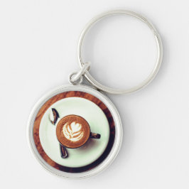 Kaffe kopp cappuccino brunvit latte rund silverfärgad nyckelring