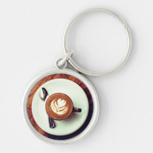 Kaffe kopp cappuccino brunvit latte rund silverfärgad nyckelring
