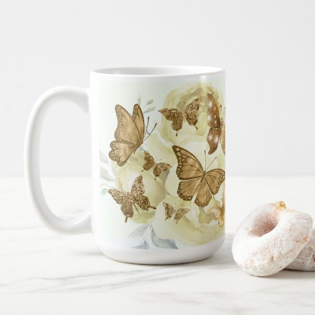 Kaffe kopp med gul och guld fjäril (Med munk)
