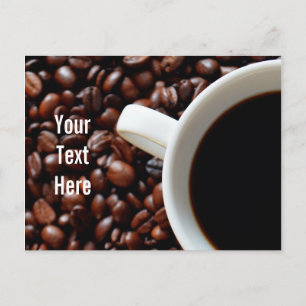 Kaffe Kopp med kaffe, kaffebönor Vykort